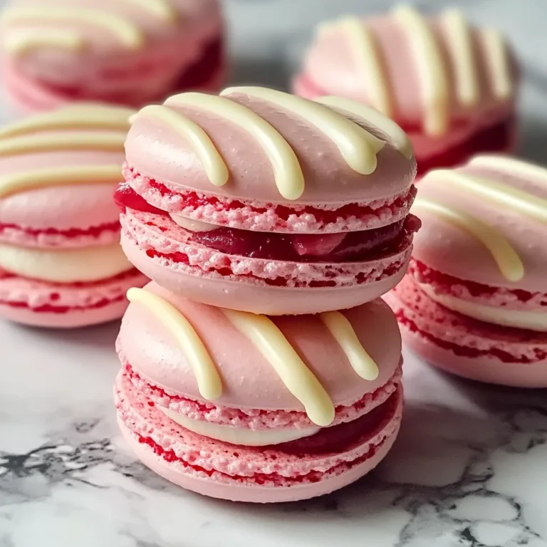 Strawberry Cheesecake Macarons with White Chocolate Drizzle
